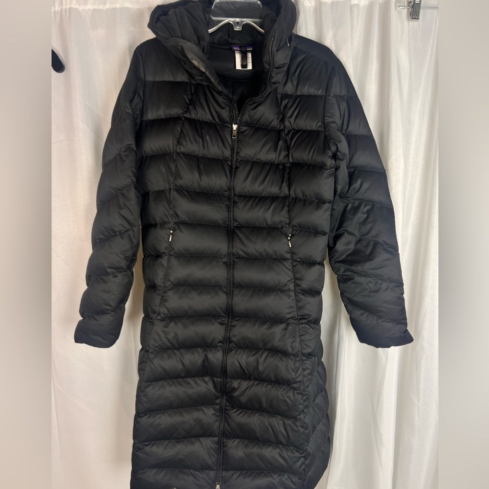 Patagonia women’s medium long, black puffer jacket